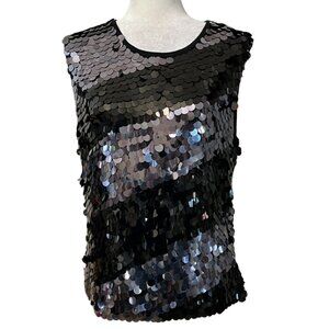 Kathy Levine by Reques Sequin Tank Top L Black Sleeveless Silk Blend Party Blous